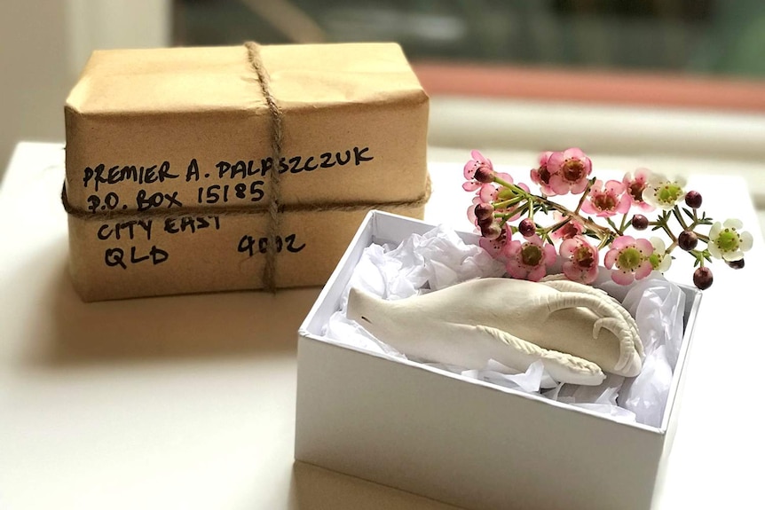 A sculpted black-throated finch in a box next to a package addressed to Premier Annastacia Palaszczuk.
