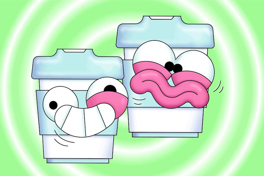 Illustration of two coffee cups with energetic expressions to depict drinking coffee as a way to help beat afternoon sleepiness.