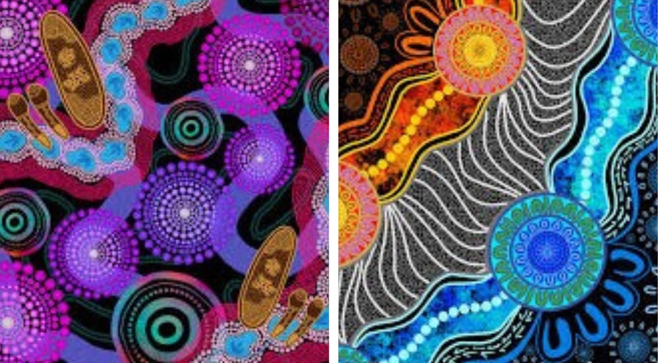 Two brightly coloured Indigenous dot paintings.