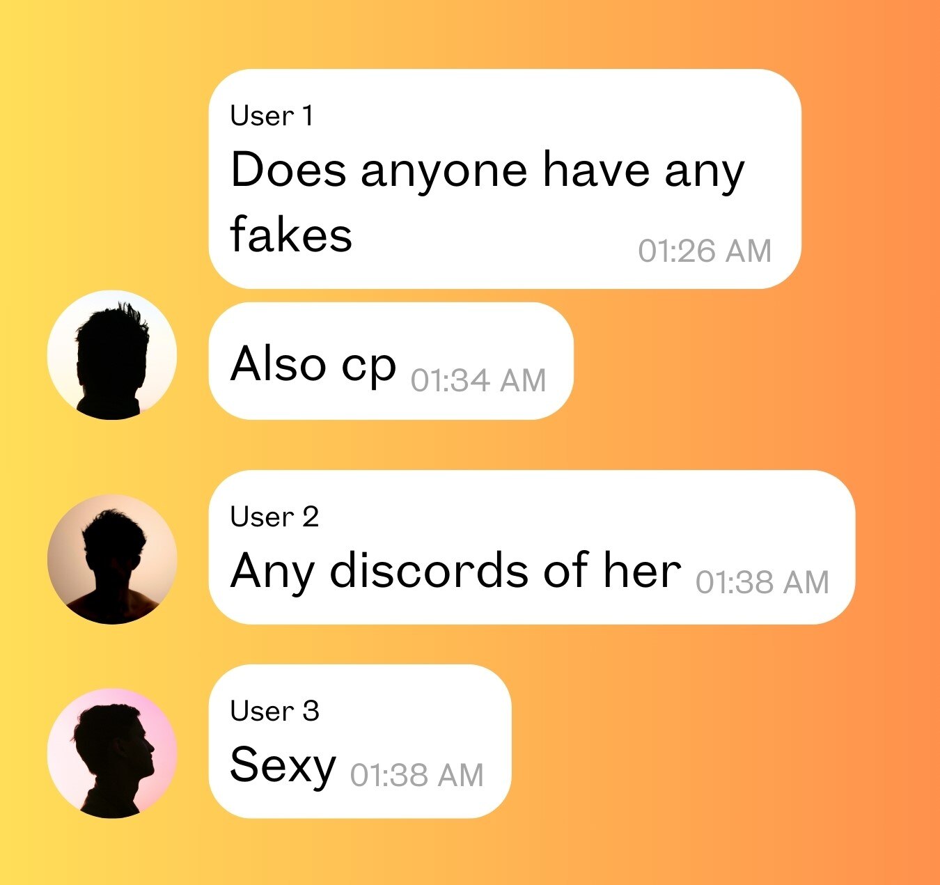 A chat where someone asks for "fakes" and "cp" and another one just comments "sexy".