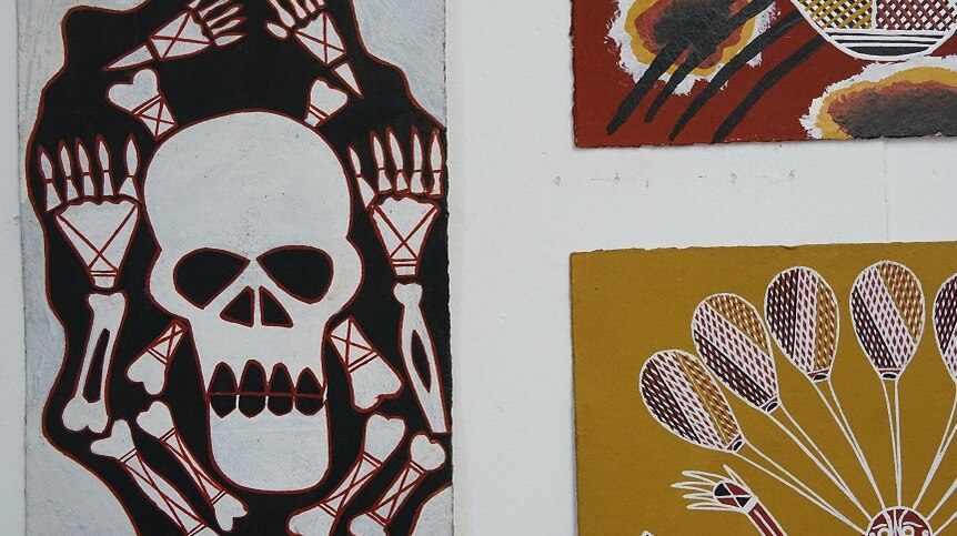 A painting depicting a skull and bones
