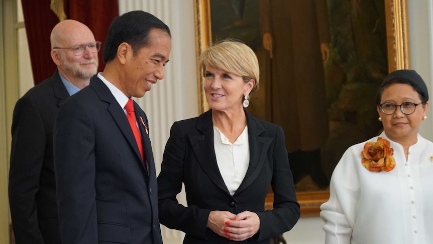 Julie Bishop talks to Joko Widodo as Retno Marsudi watches on.