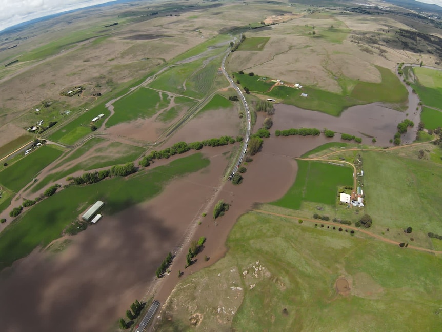 a drone shot of the flooding on the Monaro Highway