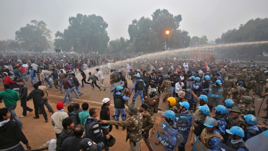Indian police use water canons on protesters in New Delhi