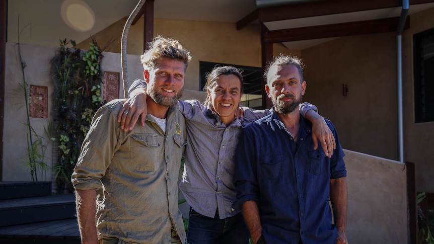 Luke Wrencher, Michael Leung and Ture Schmidt outside the hemp house