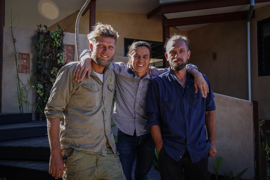 Luke Wrencher, Michael Leung and Ture Schmidt outside the hemp house