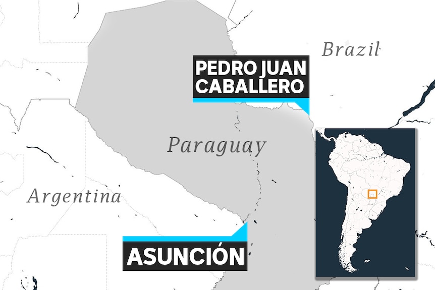 A map of Paraguay is shown showing the border city of Pedro Juan Caballeo in relation to the capital, Asuncion.