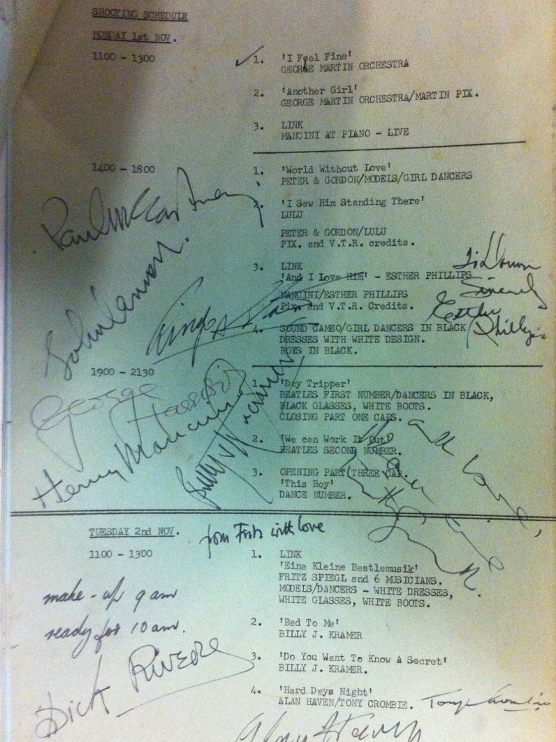 Dawn Swane's autographed call sheet for The Music of Lennon & McCartney.
