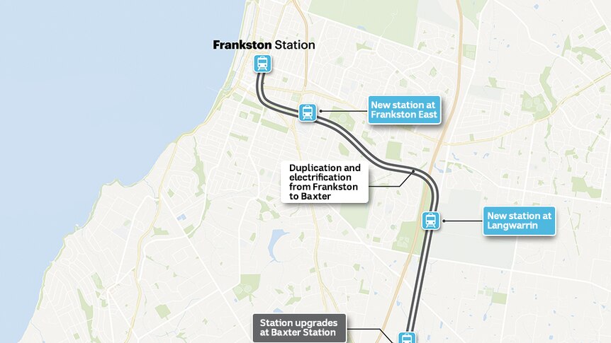 A graphic shows the rail line between Frankston and Baxter, including proposed new stations at Frankston East and Langwarrin.