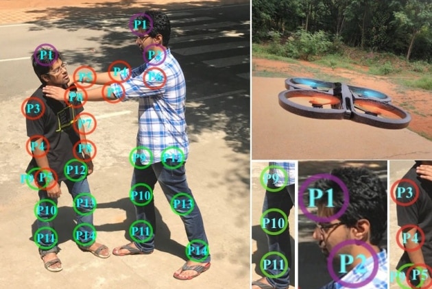 One man pretends to strangle another man. Large coloured circles identify violent movements by the men.