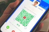 You view a hand holding a smartphone closeup with a green QR code in the centre of the screen against a blue background.