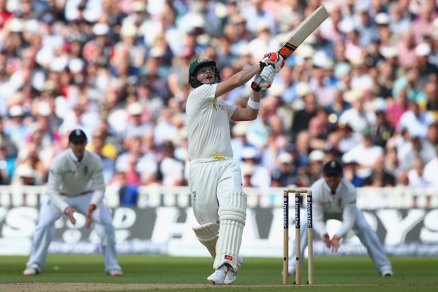 Steve Smith top-edges a ball from England's Steven Finn and is caught by Jos Buttler at Edgbaston.