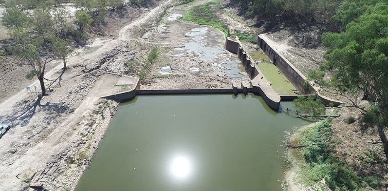 A near dried out weir as viewed from the air
