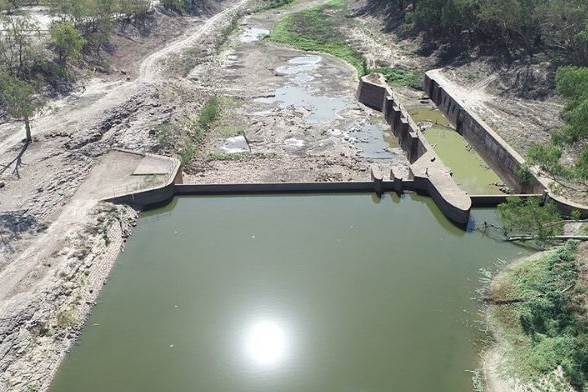 A near dried out weir as viewed from the air