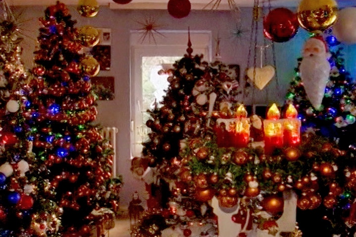 More than half a dozen Christmas trees covered in fairy lights and baubles are crammed into a lounge room.