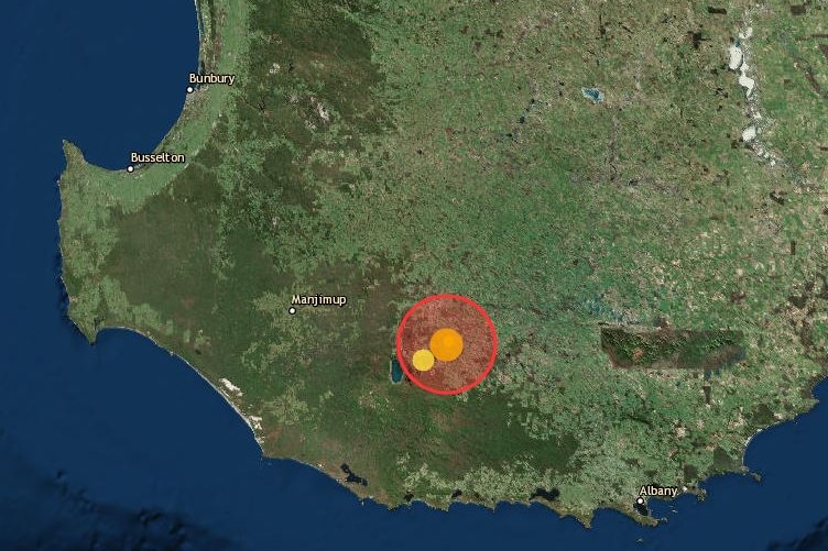 A map of southern WA with a big red mark indicating a quake zone east of Manjimup.