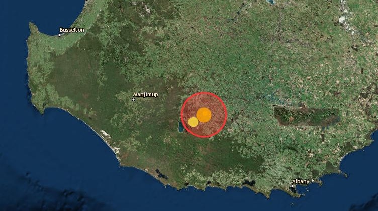 A map of southern WA with a big red mark indicating a quake zone east of Manjimup.