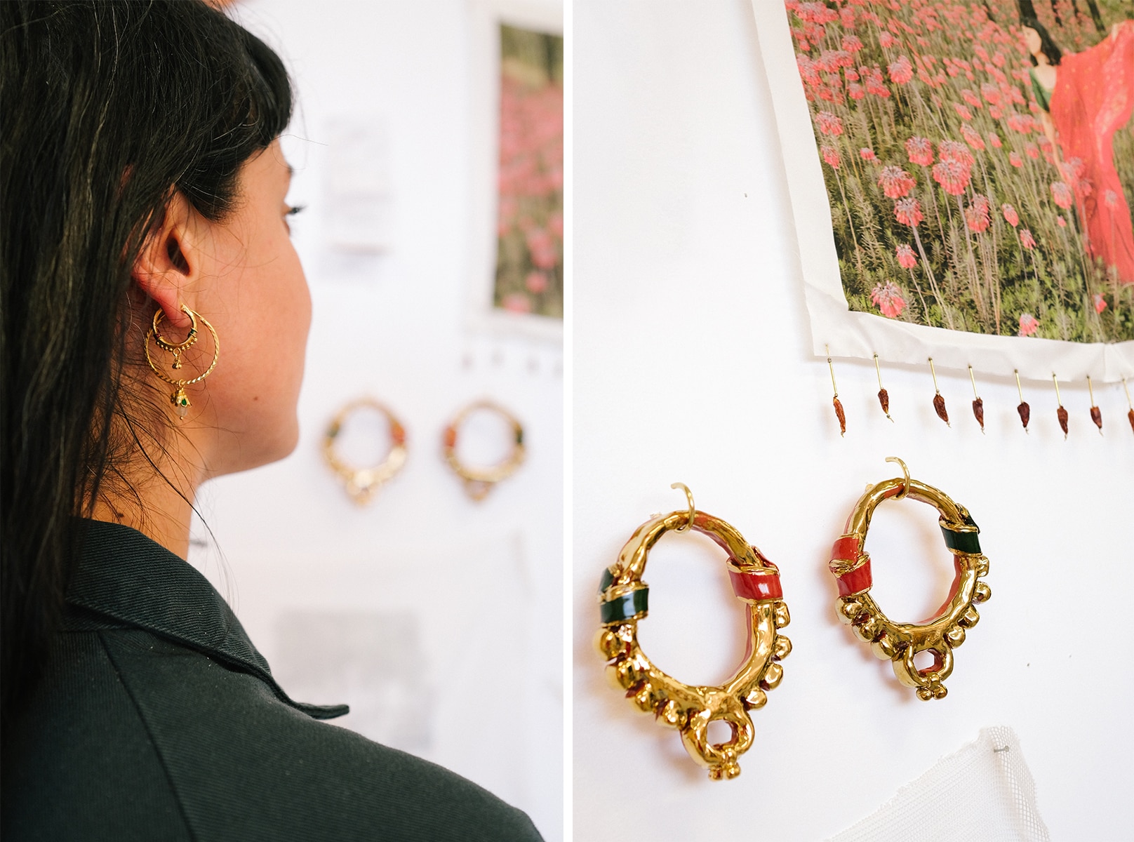 Two images — left features CU of Monica's beloved circular earrings in ears. On right, her terracotta and gold version of them.