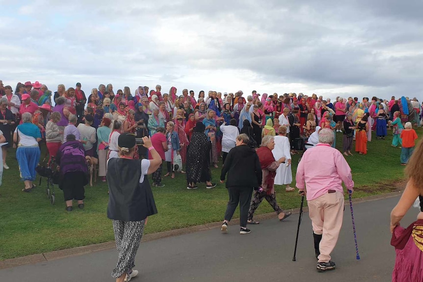 400 women gathered along the path and grassy slope for a photo many dressed in pink or dress ups. The sky looks great and stormy