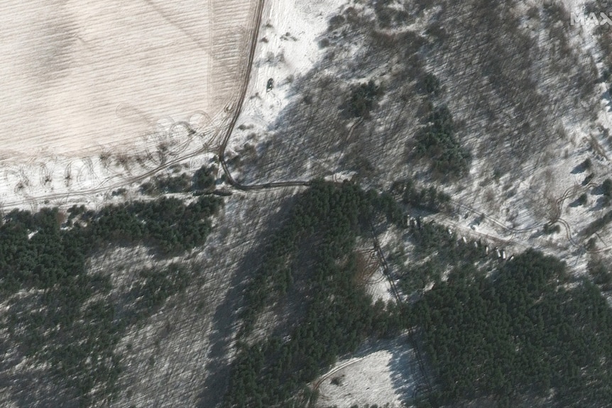 A satellite image of an area where the egde of a forest meets the road. A group of army vehicles are parked there.