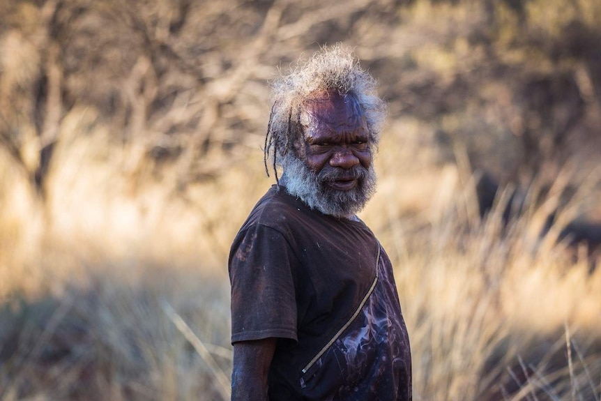 An old Indigenous man gazes towards the camera, with bush and spinifex in the background.