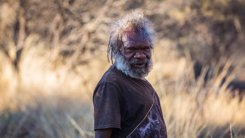 An old Indigenous man gazes towards the camera, with bush and spinifex in the background.