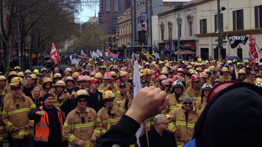 Victorian firefighters protest against budget cuts.