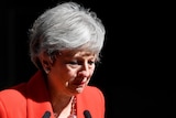 Theresa May looks down. She is wearing an orange jacket and her face is crumpled. Her hair is grey.