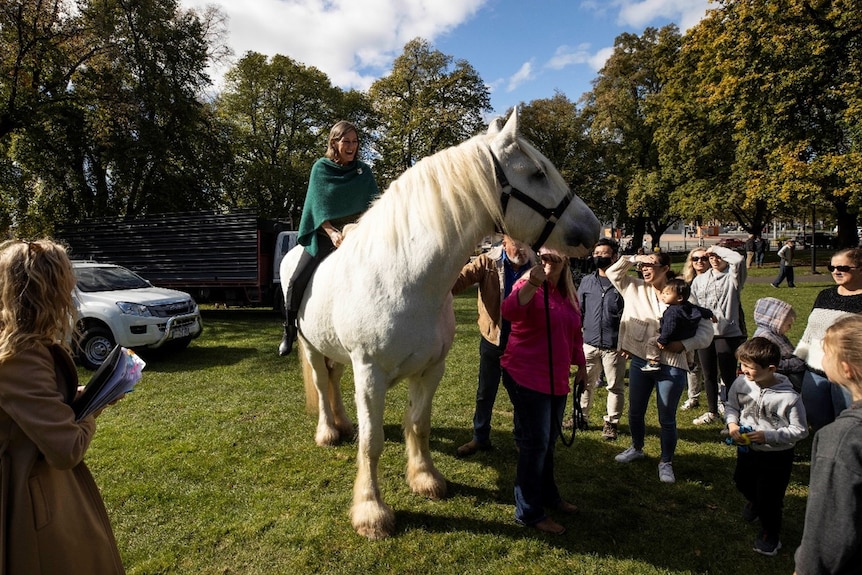 A group of people are amused at a woman sitting on a horse.