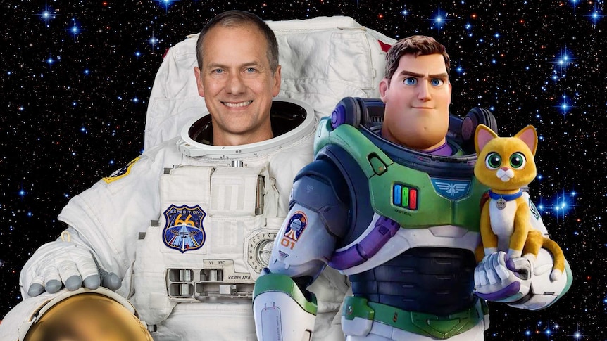 A collage of Thomas Marshburn in spacesuit and the cartoon Buzz Lightyear holding a cat against a starry backdrop.