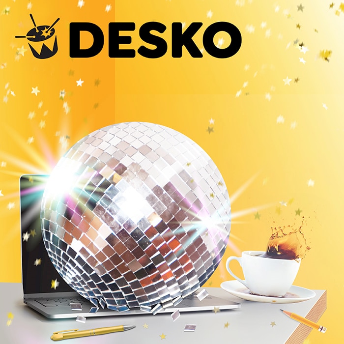 Desko program image with a mirror ball and cup of coffee