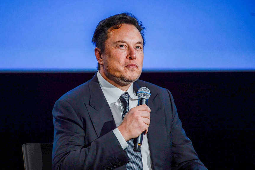 Elon Musk en el escenario, sosteniendo un micrófono. 