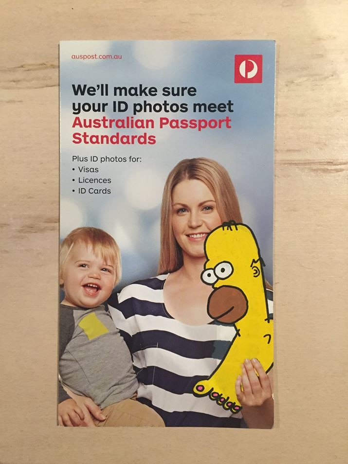 Australia Post flyer for photo IDs, featuring Homer Simpson-like graffiti character H-Foot.
