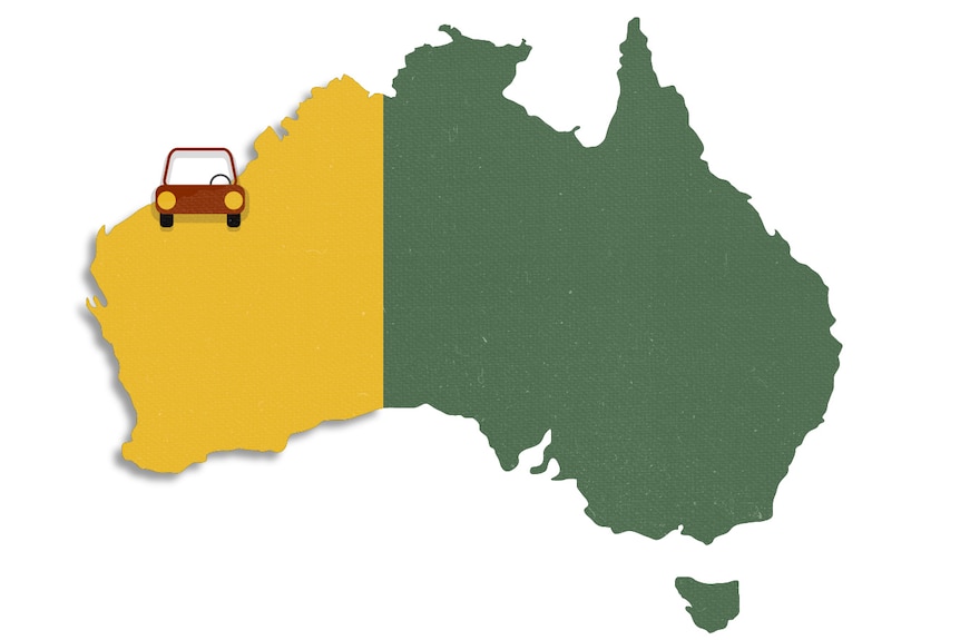 A graphic design of Australia, in green, with the WA highlighted in bright yellow with a symbol of a car on it