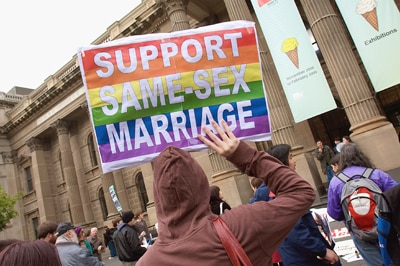 File photo:Protestors in favour of gay marriage rights hold a rally in Melbourne (Getty Images: Luis Ascui)