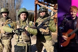 A composite image of Ukrainian band Antytila in military uniforms, and British singer-songwriter Ed Sheeran.