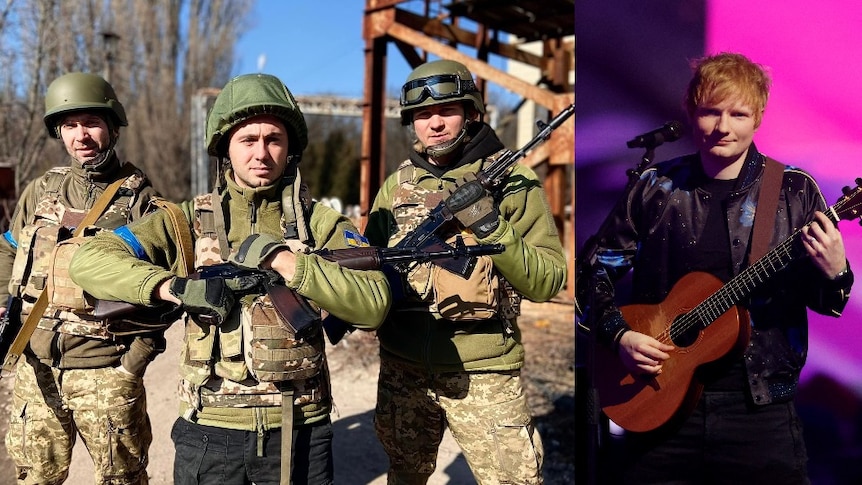 A composite image of Ukrainian band Antytila in military uniforms, and British singer-songwriter Ed Sheeran.