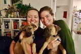 Holly Creenaune and Randi Irwin with their foster dogs Daphne and Dinkley, in story about fostering pets.
