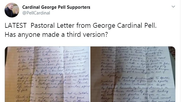 A screenshot of a Twitter post, containing two photos of a handwritten letter.