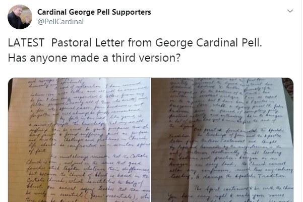 A screenshot of a Twitter post, containing two photos of a handwritten letter.