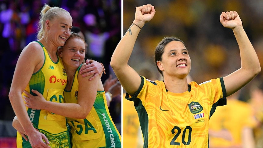 Jo Weston and Steph Wood hug and smile, as Sam Kerr lifts both her fists above her head in celebration