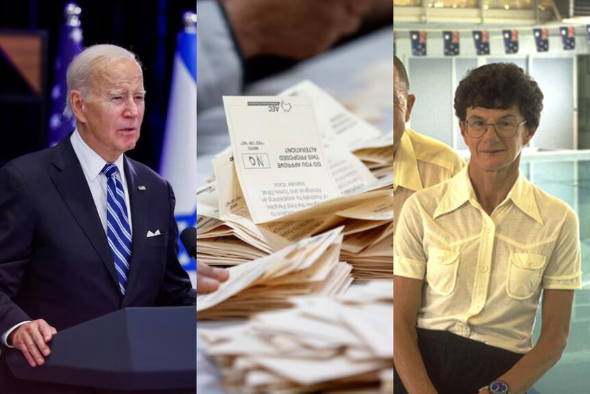 three pictures of joe biden standing at a podium, ballot papers on a table and a woman in a yellow shirt