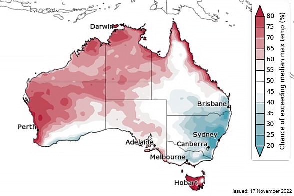 A red and blue color coded map of Australia showing the summer temperature outlook across the country.