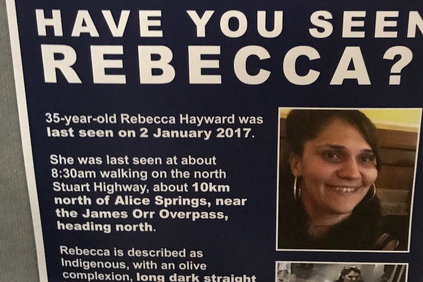 A missing person poster calls for information on the whereabouts of Rebecca Hayward