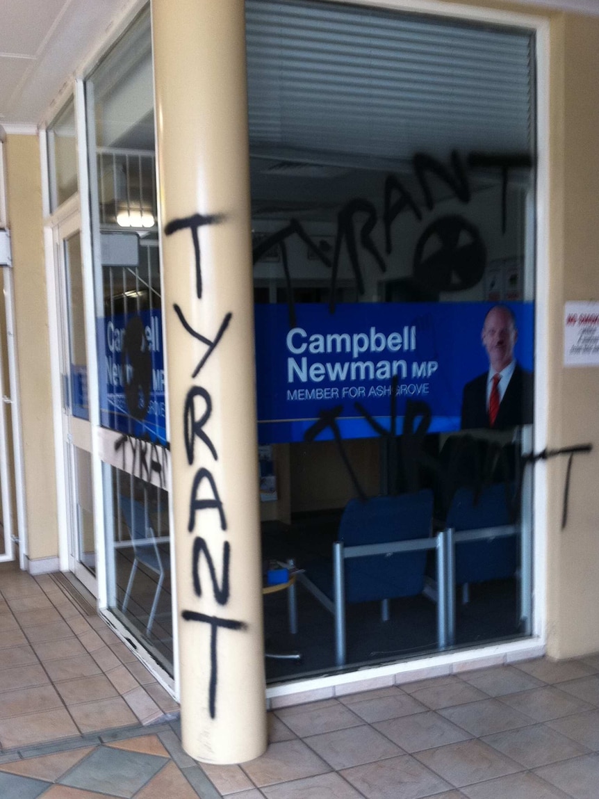 Graffiti at Queensland Premier Campbell Newman's electorate office in Ashgrove