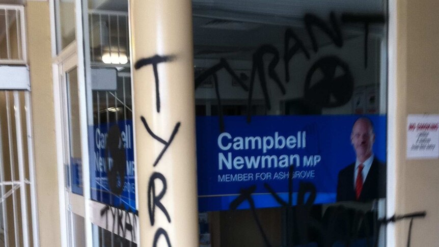 Graffiti at Queensland Premier Campbell Newman's electorate office in Ashgrove