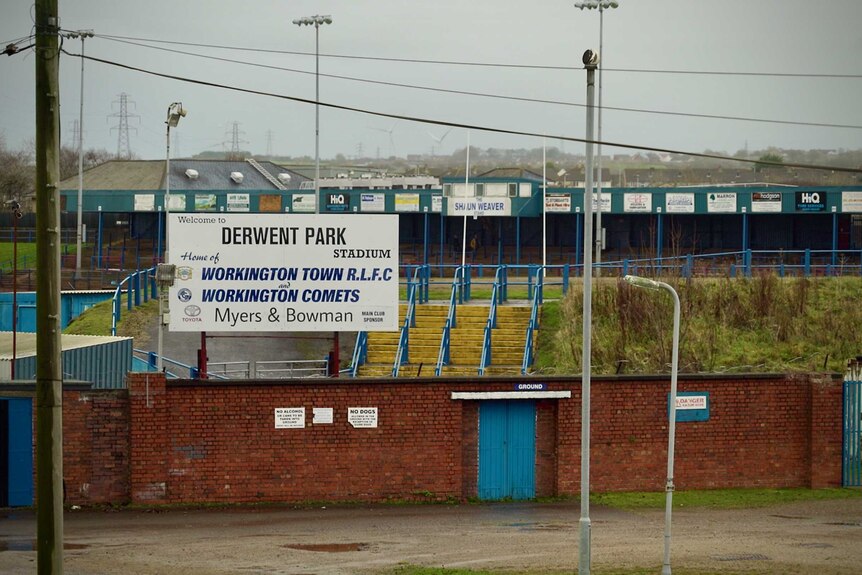 A sign showing Derwent Park rugby league ground in Workington.