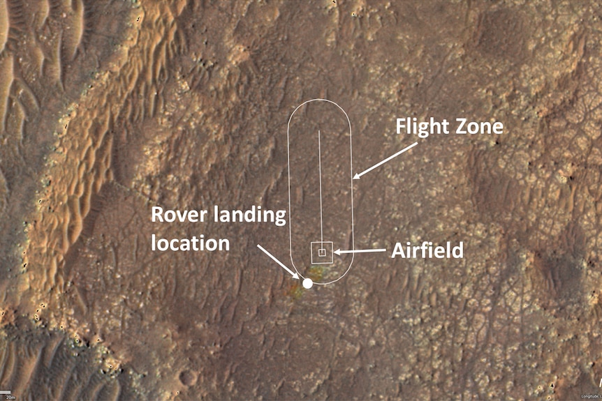 Mapa anotado que muestra la ubicación del aeropuerto Ingenuity del cráter Jezero