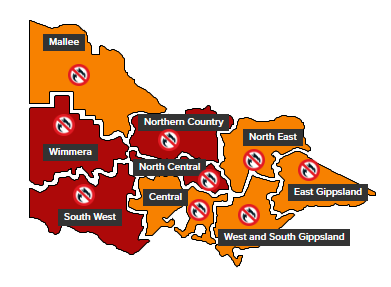 Un mapa de Victoria que muestra las regiones de Wimmera, Northern Country, North Central y South West en riesgo de incendios forestales catastróficos.