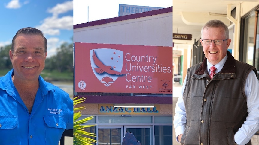 A white man in a blue shirt, and a white man in a brown sleeveless jacket and a sign of a country universities centre.